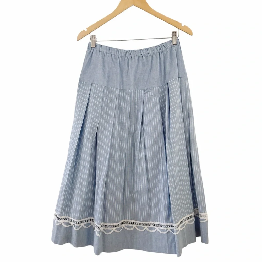 Cottagecore Vintage 70s 80s Skirt Blue & White Stripes Midi California Girl 12